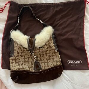 Coach Brown and Cream Fur and Suede Trim Bag